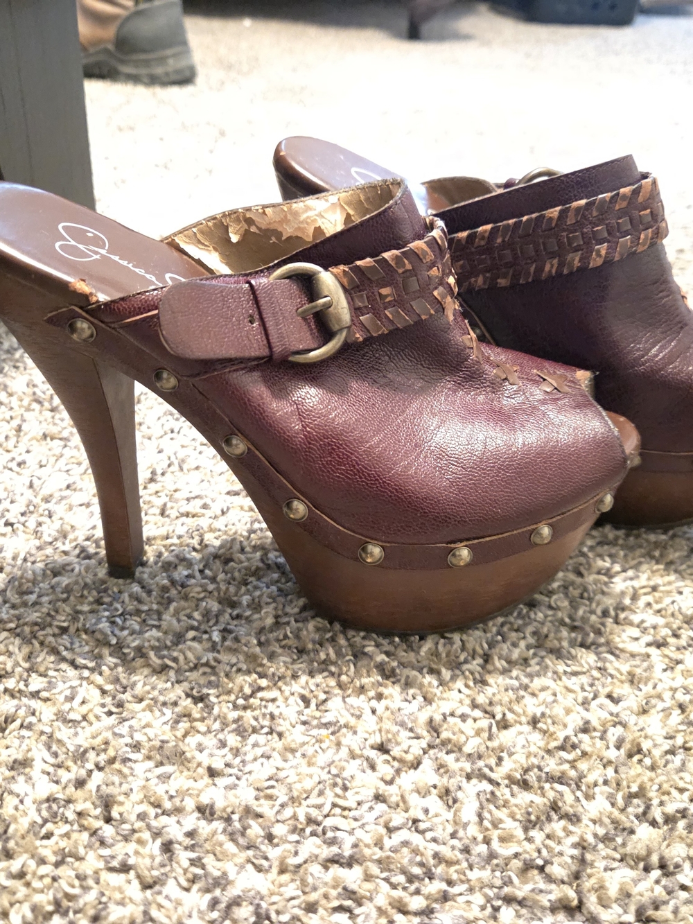 Jessica Simpson Wine Leather Platform Clog Mules with Braided Strap